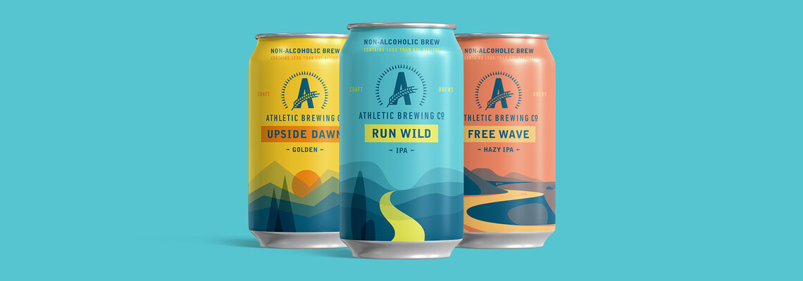 Athletic Brewing beers: Upside Dawn Golden, Run Wild IPA, Free Wave Hazy IPA