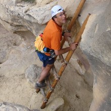 Peter Bakwin on the climb out of Mee Canyon, photo by Buzz Burrell	
